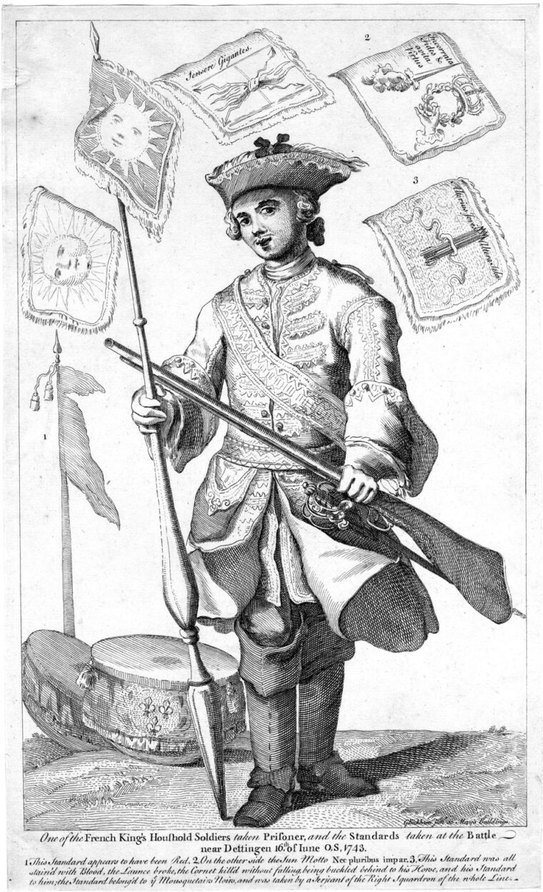A French musketeer of the Maison du Roi whose elite unit fought in the traditional place of honor on the French right is shown in a period engraving. 