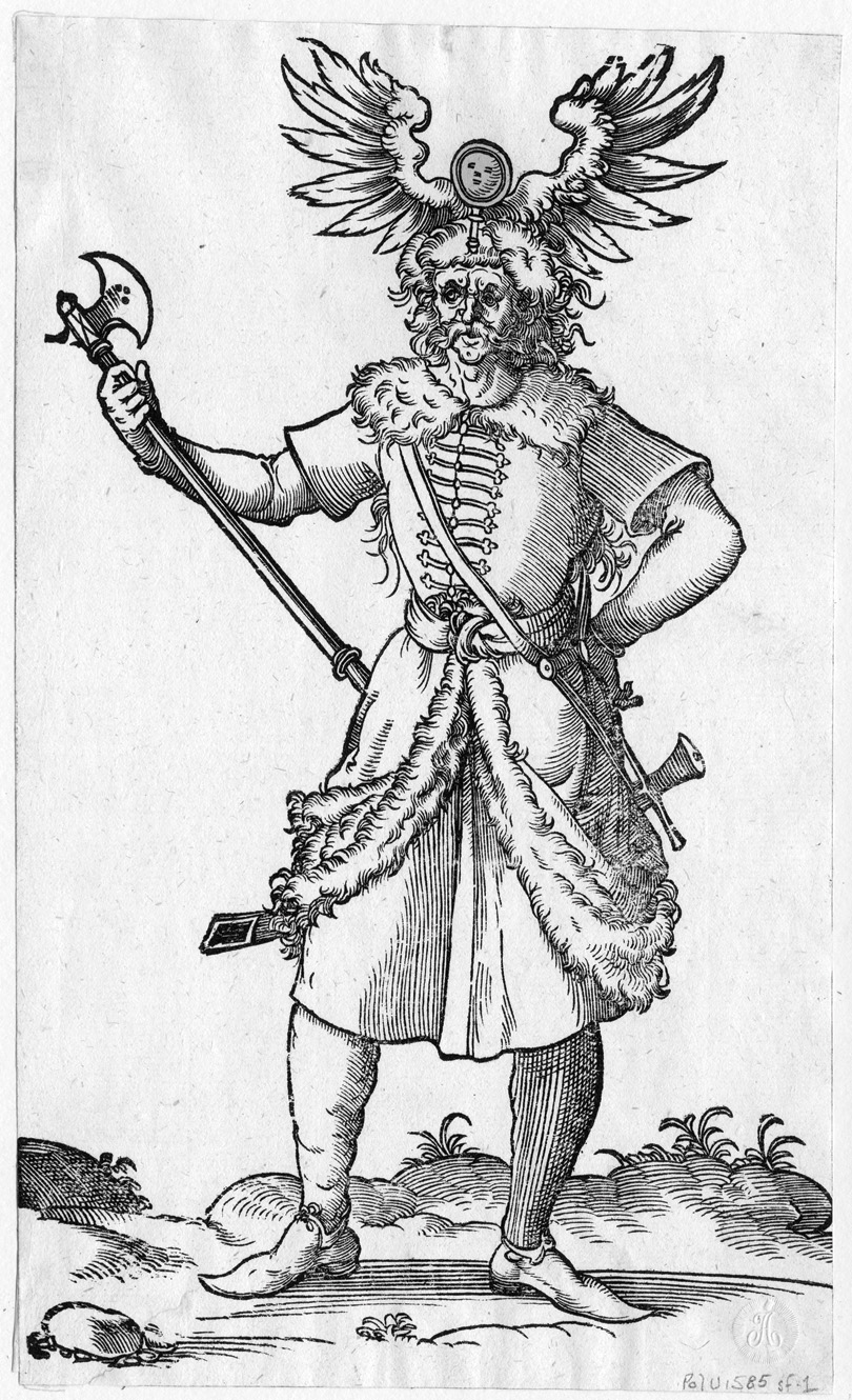 A period engraving shows a dismounted Polish hussar with battle axe, feathered headdress, and fur-trimmed coat. 