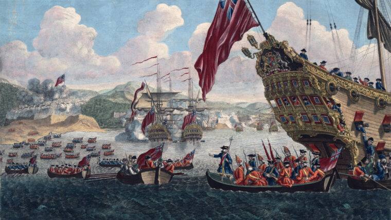 New England militiamen disembark from British ships and row to shore at the beginning of the siege of Louisbourg in May 1745. The Americans were eager to capture the French fortress because it gave safe haven to privateers and French naval vessels that preyed on colonial maritime trade.