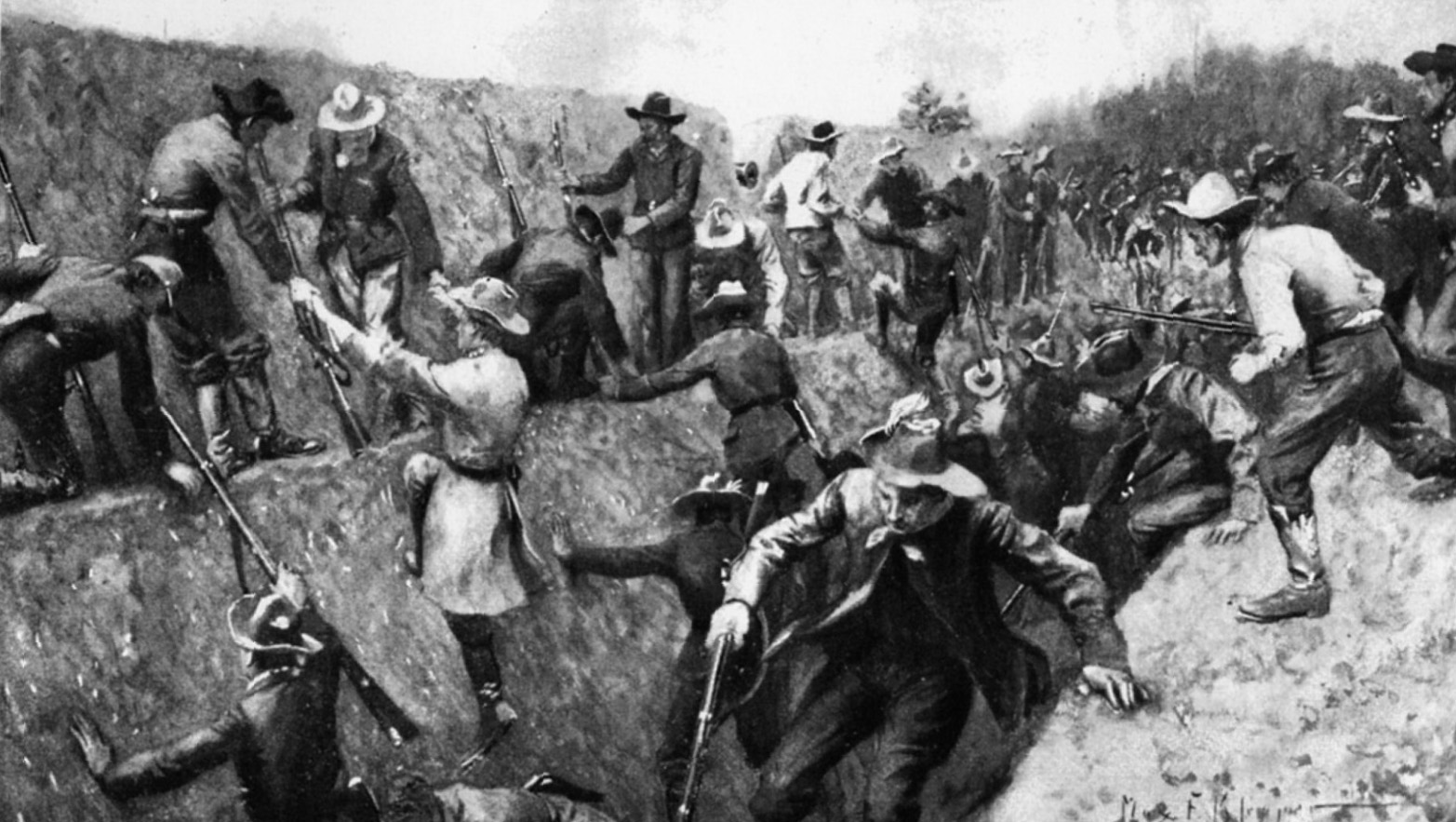 Forrest’s men clamber up the sides of the Union earthworks at Fort Pillow. The fury of the Confederate assault produced an almost immediate rout among the fort’s defenders.