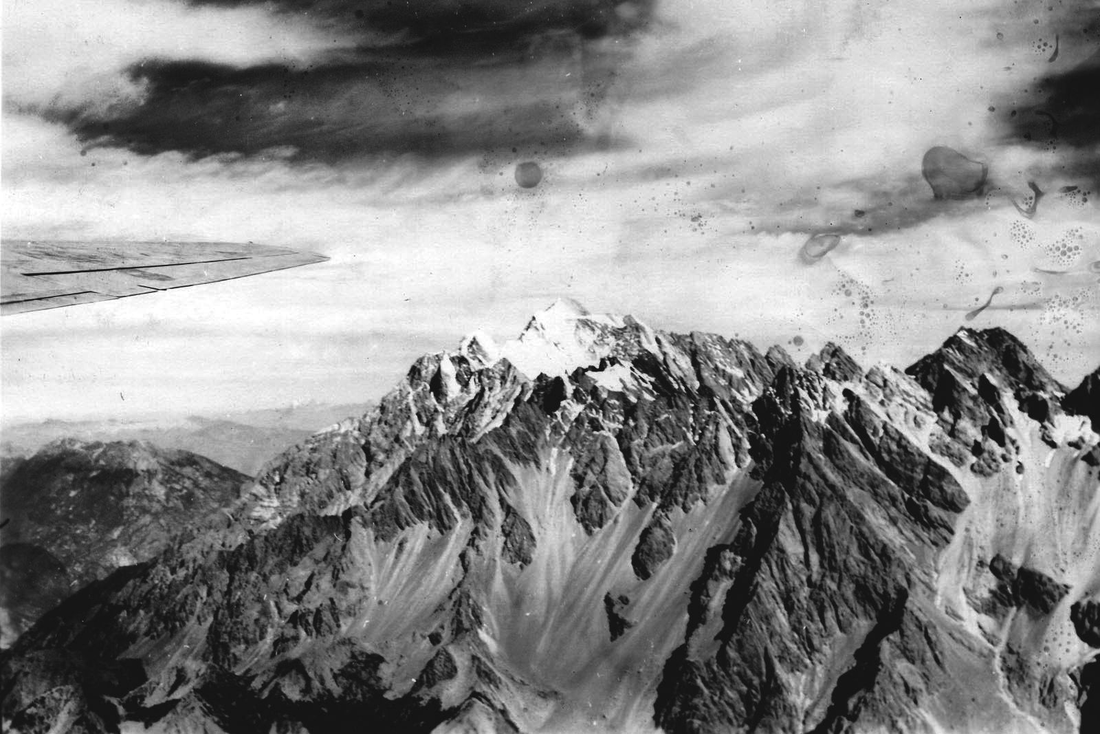 This majestic photo of the Himalayas, taken from a window of a Douglas C-47 transport plane, also portrays the treacherous nature of the flights across the world’s tallest mountain range from India to China. Allied planes used the air bridge when Japanese troops cut land routes.