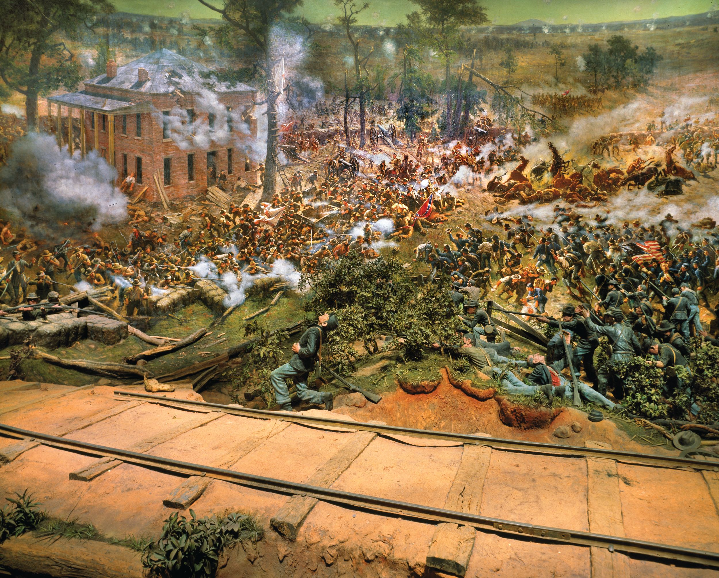 A portion of the Atlanta Cyclorama, completed in 1887, captures some of the desperate fighting around the Troup Hurt House on July 22, 1864. Brig. Gen. Arthur Manigault’s Confederates, left, are firing on counterattacking Union troops.