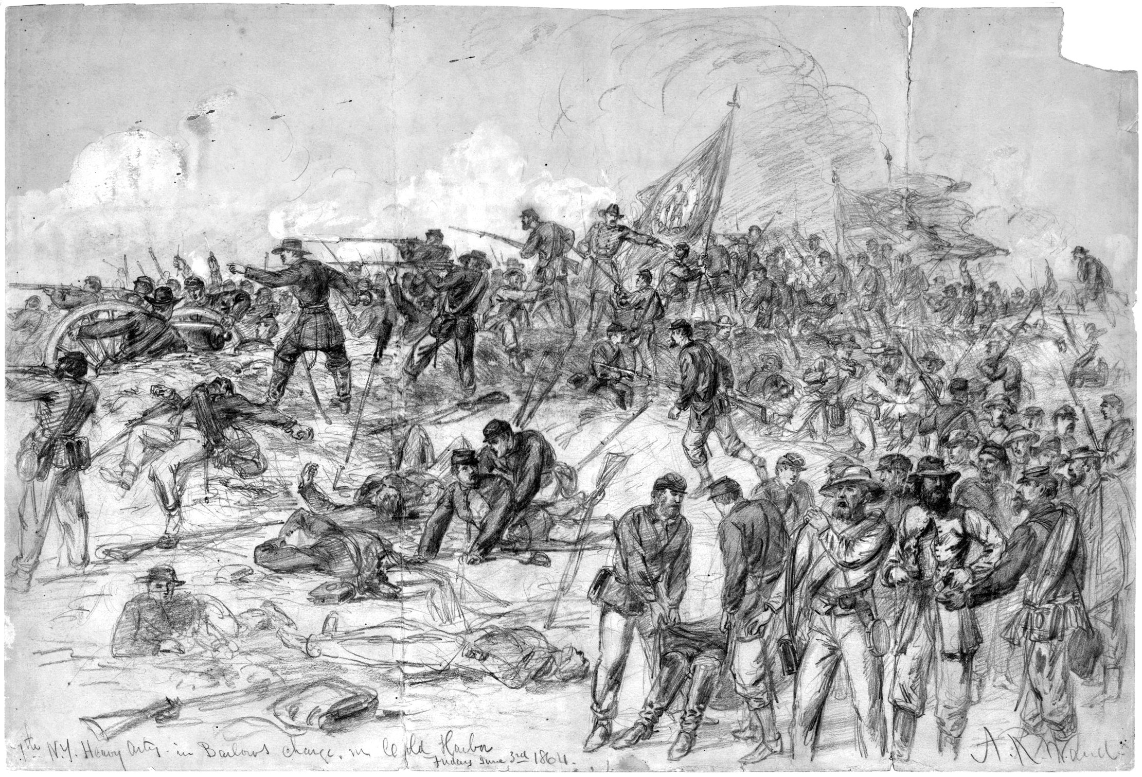 The 7th New York Heavy Artillery of Brigadier General Francis Barlow’s 1st Division made a spirited attack on the Confederate works at Cold Harbor. They overran the first line of Lee’s defense, capturing prisoners and turning captured guns on the Confederates before being pushed back when their success went unsupported.