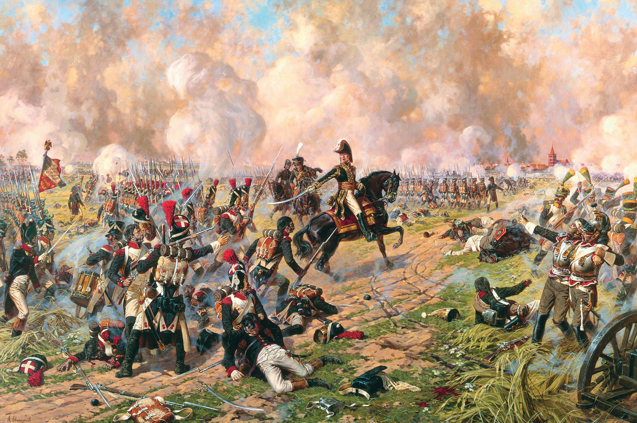 Marshal Michel Ney rallies his troops to continue their steady advance against the Russian left. By 8:30 pm. Ney’s troops had entered Friedland.