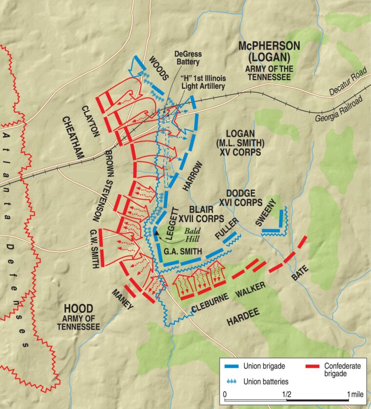 Following an assault launched at 3 p.m., Major General Benjamin Franklin Cheatham’s 14,000-man corps made a costly breakthrough on the Confederate left, but it was not exploited.