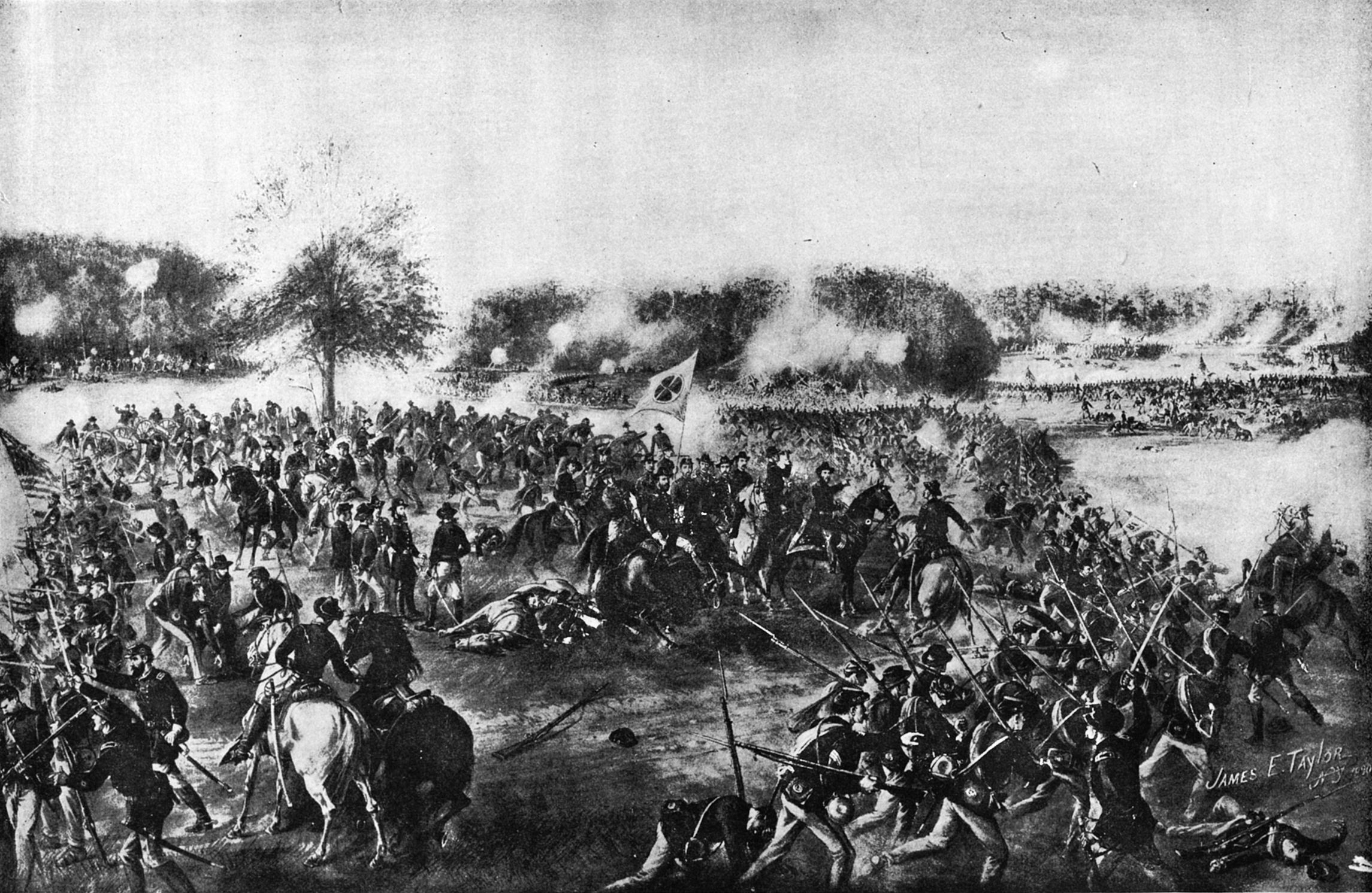 Major General Grenville M. Dodge, pointing at center right, deploys Brigadier General Thomas W. Sweeny’s men on the field. Fortuitously, Sweeny’s division was in position to intercept Confederate Lt. Gen. William J. Hardee’s flanking march a mile south of Bald Hill. Sweeny became so enraged at having his men directly deployed by Dodge that he got into a literal fistfight with his superior officer after the battle and was subsequently court-martialed.