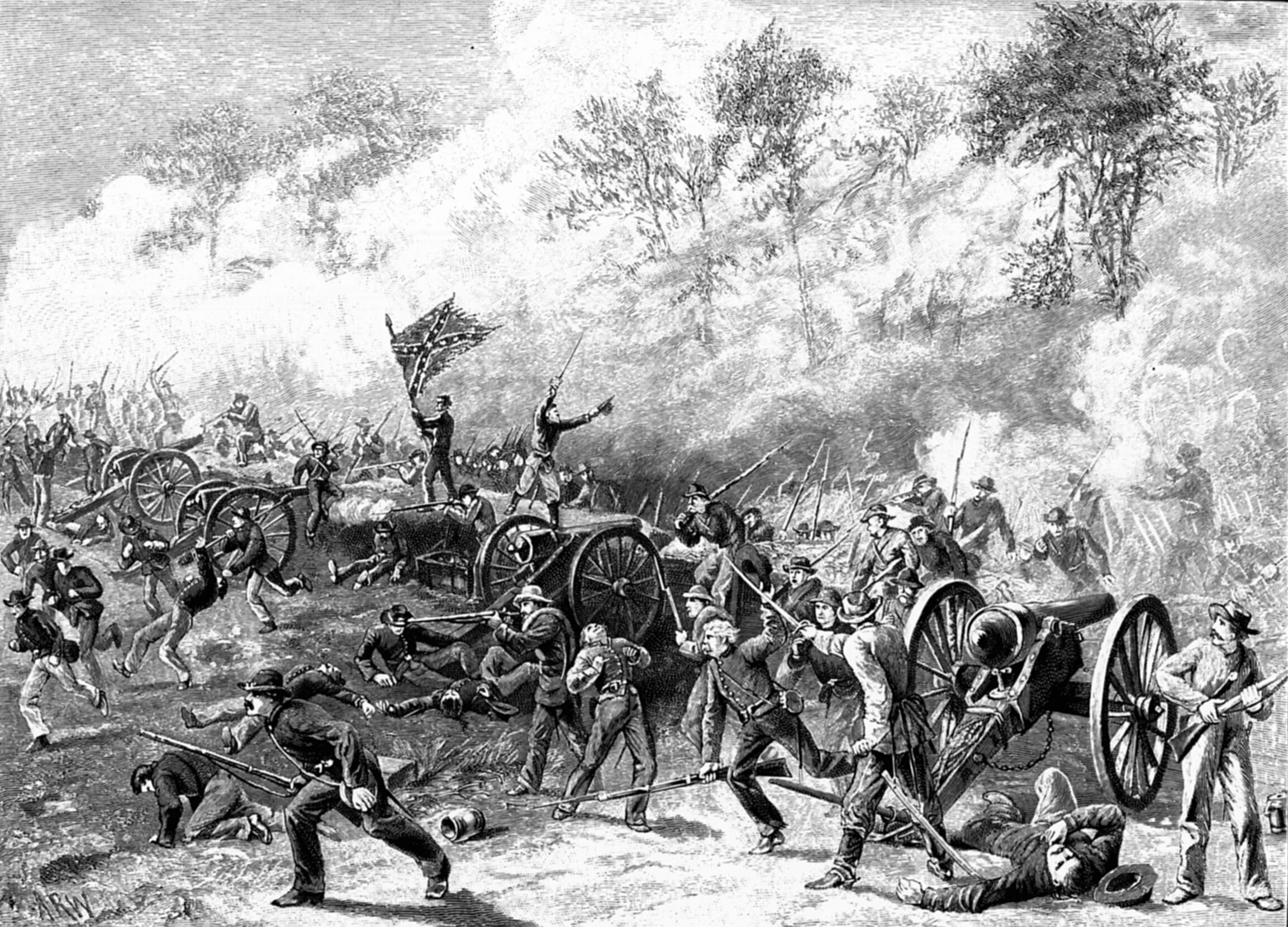 Brigadier General Manigault’s Confederates overrun Battery H of Capt. Francis DeGress’s Union artillery near the Troup Hurt House. The resourceful DeGress later remanned the battery with handy infantrymen.