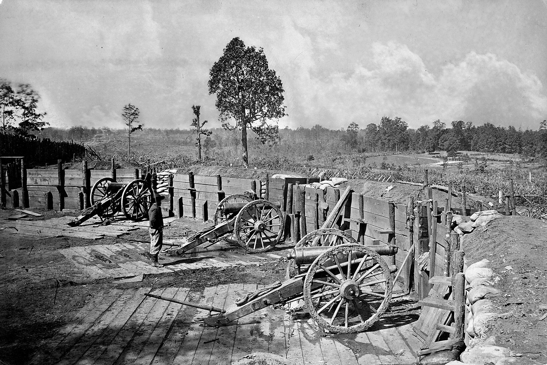 Abandoned Confederate defensive works at Atlanta, photographed after their capture by Union forces.
