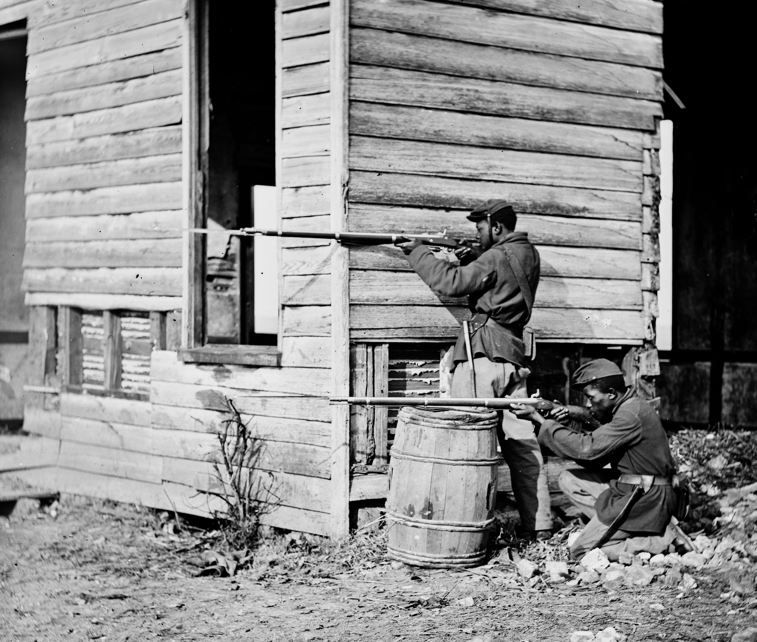 Colored troops man a picket station near Dutch Gap Canal in November 1864. Many wanted revenge after the Fort Pillow massacre.