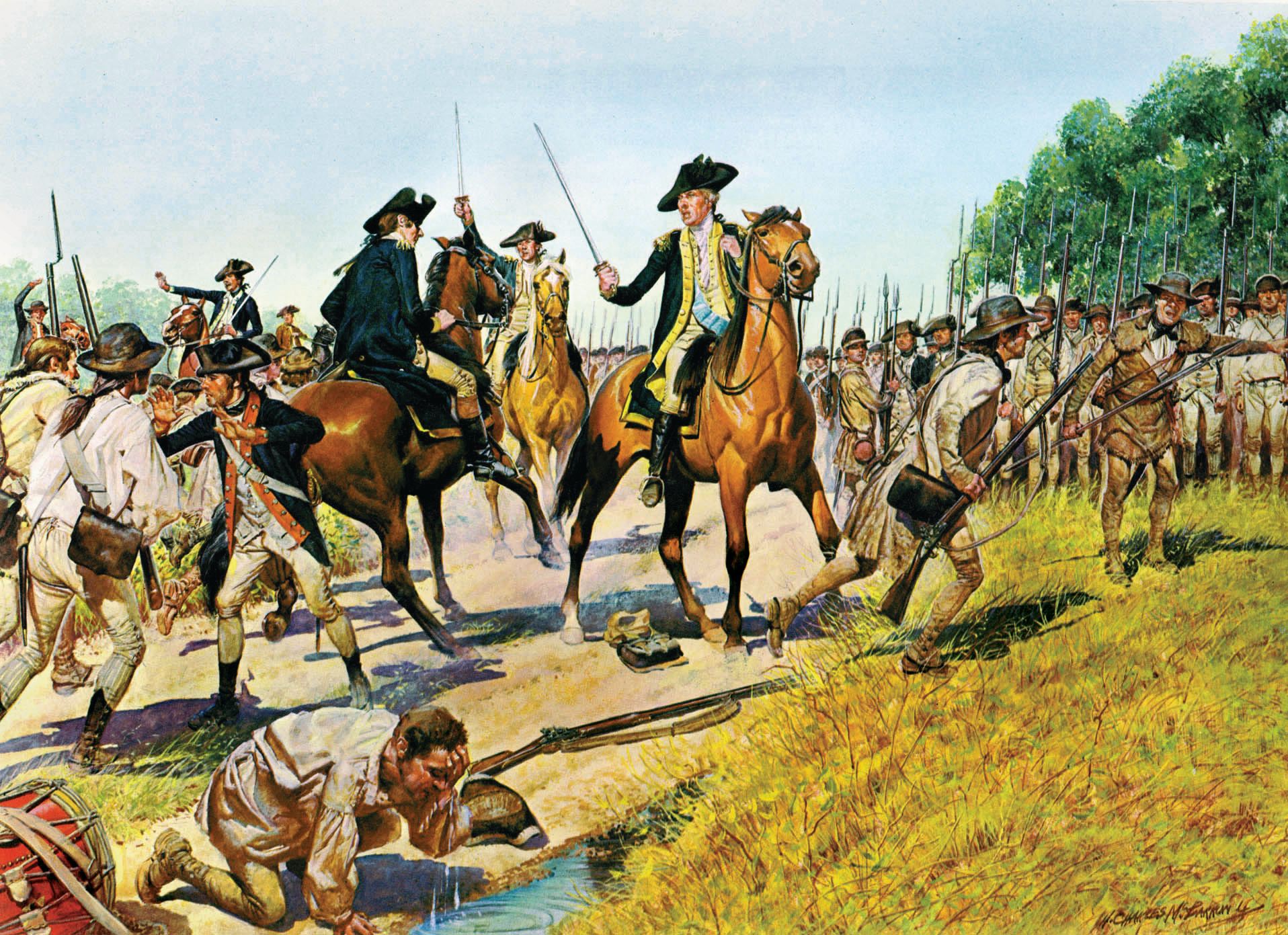 An angry George Washington confronts Charles Lee as staff officers attempt to halt the A­merican retreat. The men’s ragtag uniforms in this H. Charles McBarron painting are more accurate than those shown in Lutze’s piece.