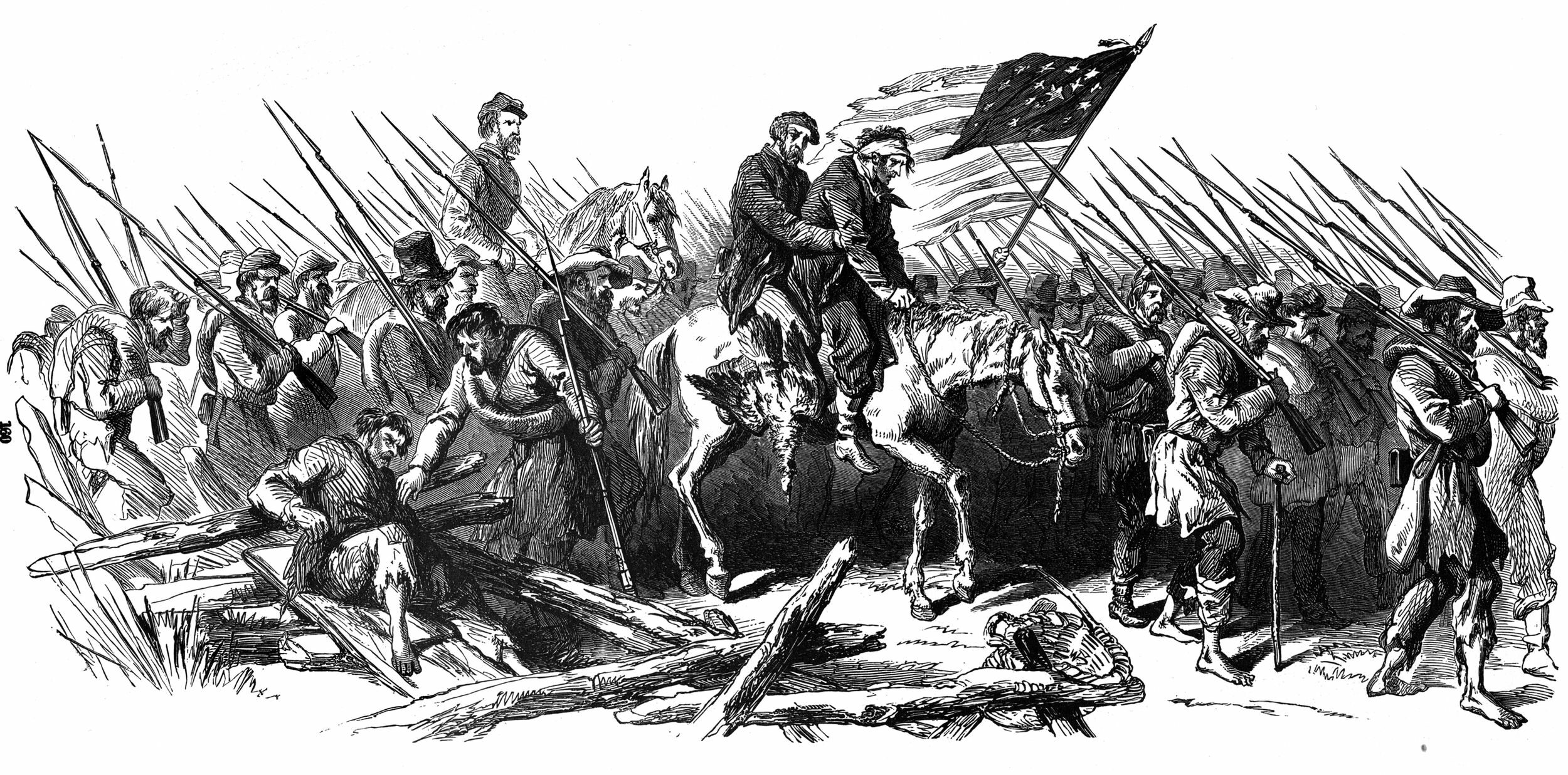 A period illustration captures the despair of Tyler’s troops as they retreat north from Port Republic. The victorious Confederates pursued the demoralized Yankees for miles, snatching up stragglers by the dozen.