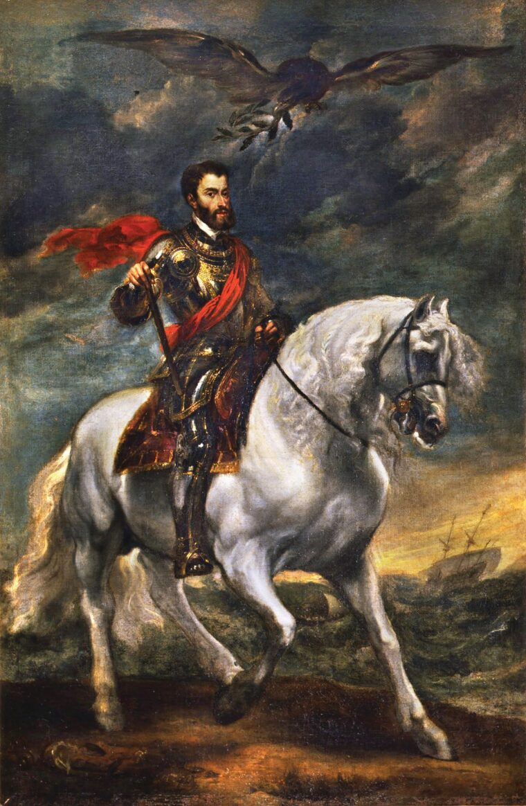 With the symbolic dove of peace hovering above him, Charles V sits astride a white horse in all his imperial splendor.