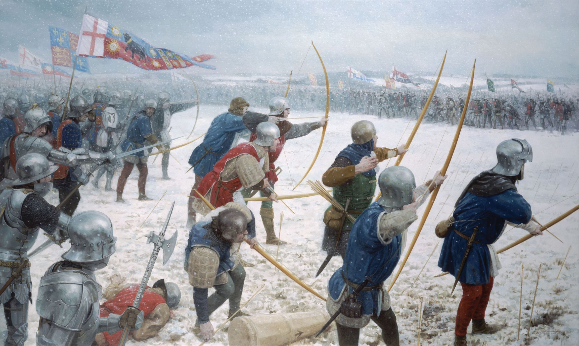 Obscured by the snow, Yorkist archers fire their last deadly volley into the advancing Lancastrian army at Towton. On their left, Edward and his dismounted knights stand ready to fight. Painting by Graham Turner.