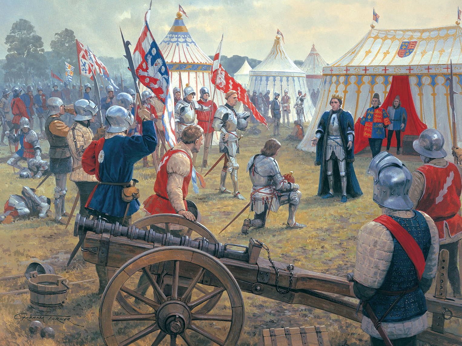 Edward, Earl of March, kneels before King Henry VI following the Yorkist victory at Northampton in 1460. In the foreground is one of the Lancastrian cannons rendered useless by the rain. Henry retained his crown, but the Duke of York would govern in his place. Painting by Graham Turner.