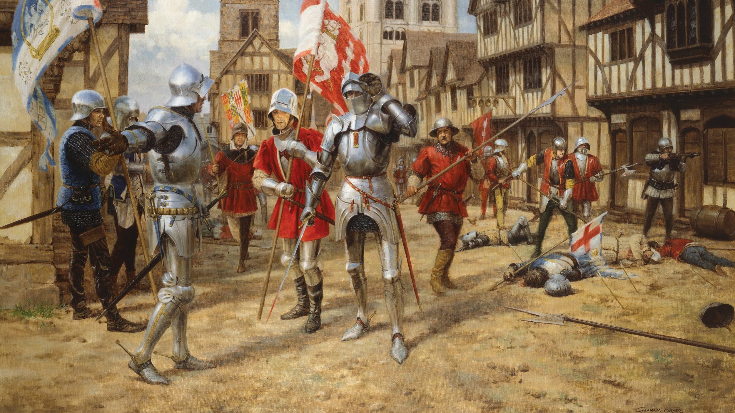 Yorkist troops led by the Earl of Warwick and the Duke of York storm through the streets of St. Albans on May 22, 1455. The rebels captured King Henry VI, killed the Duke of Somerset, and ignited the 30-year-long War of the Roses. Painting by Graham Turner.