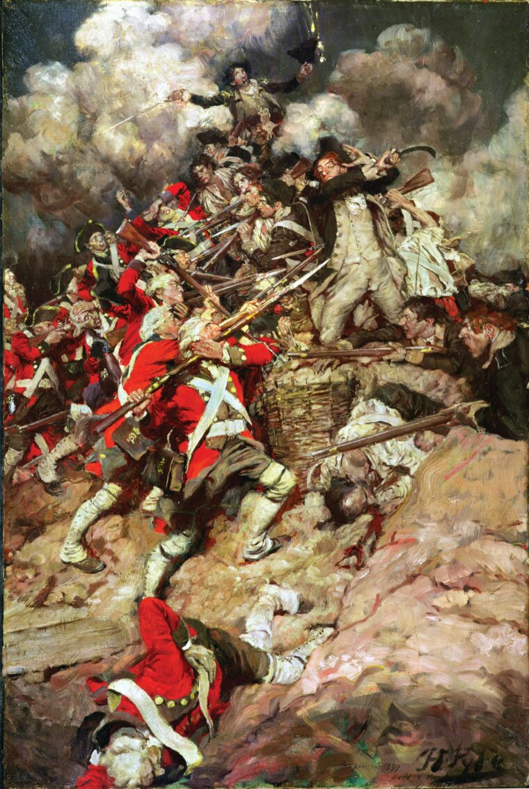 Famed illustrator Howard Pyle catches the dramatic moment when American light infantry overwhelmed British defenders in the night assault on Yorktown’s Redoubt 10, virtually insuring Cornwallis’s surrender.