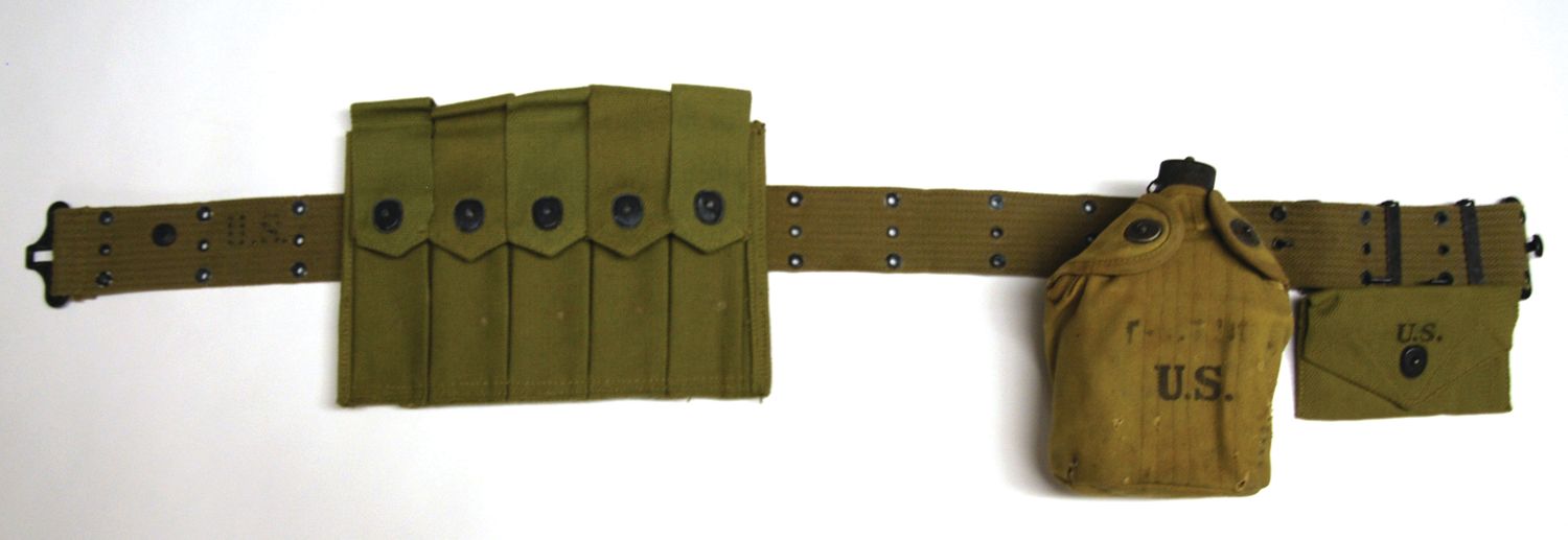 A late World War II-era improved M1912 pistol belt with submachine gun ammunition pockets for M1 and M3 magazines.