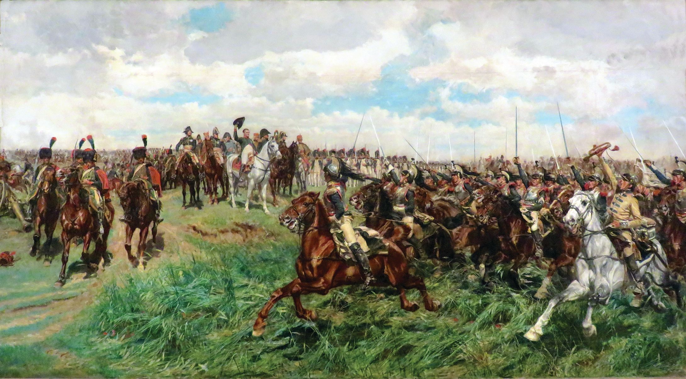 Emperor Napoleon salutes his 12th Cuirassier Regiment as they charge the Russians.