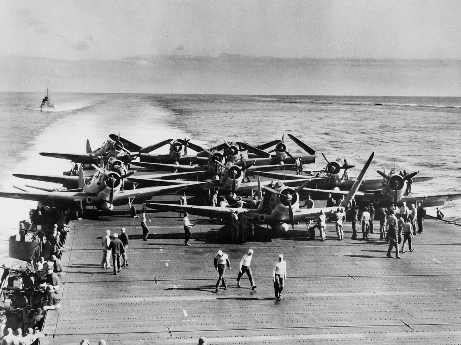 TBD-1 aircraft from Torpedo Squadron 6 prepare for launching on USS Enterprise at 7:40 am on June 4, 1942. Nine squadron aircraft were lost in bombing runs that morning.