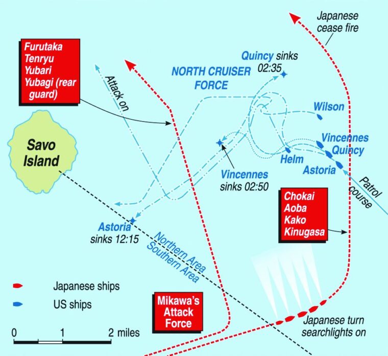 Because of the downpour at Savo Island, Japanese ships inadvertently became separated, which actually worked in their favor by providing crossfire.