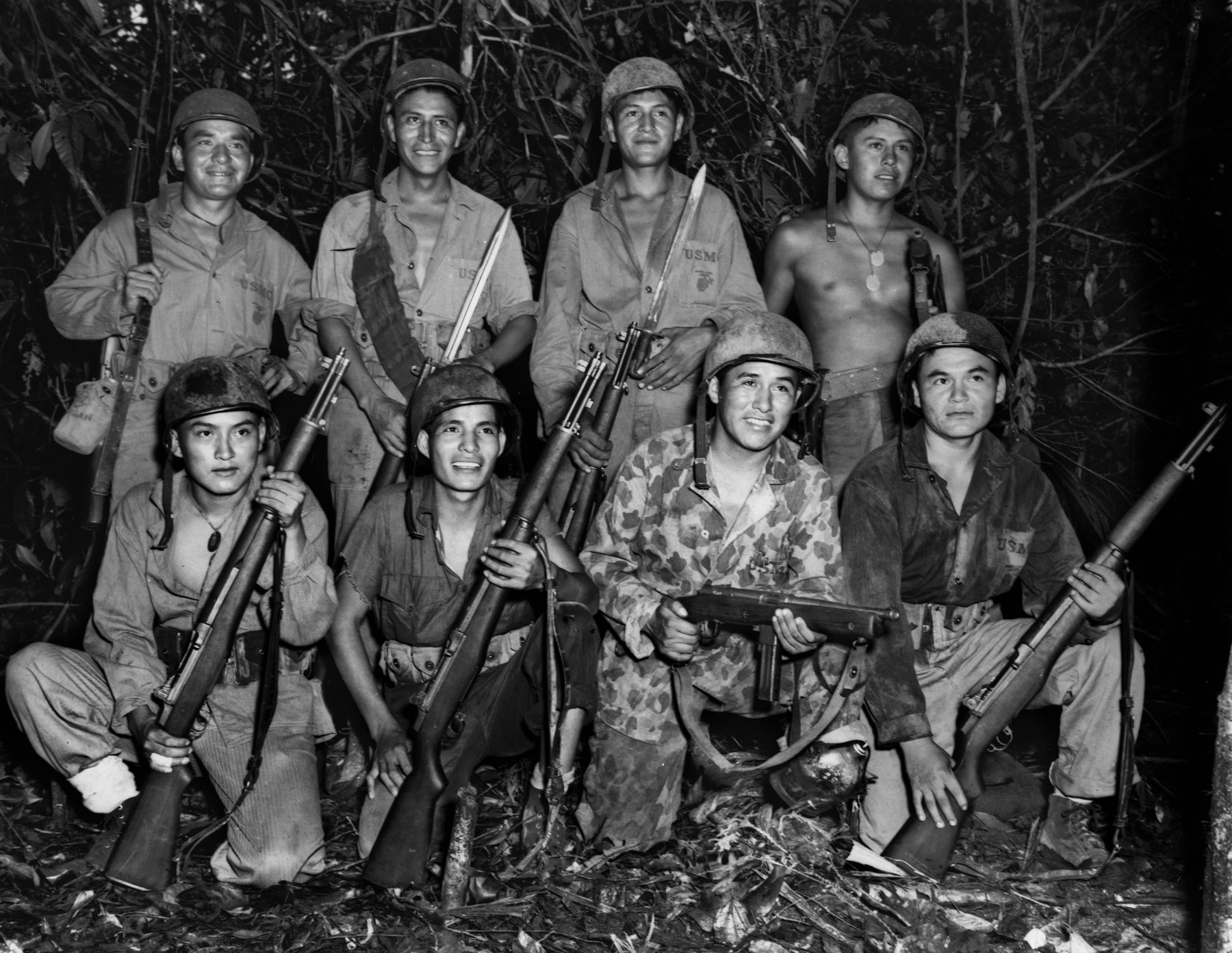 Serving with a U.S. Marine signal unit on Bougainville in December 1943, these Navajo code talkers were Marines in every sense of the word.