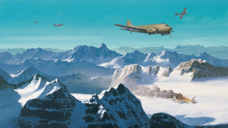 In the painting Nowhere to Hide by artist Roy Grinnell, American transport aircraft flying the treacherous Hump across the Himalayas are attacked by Japanese fighters. The Japanese were determined to interdict Allied supply flights from India to China.