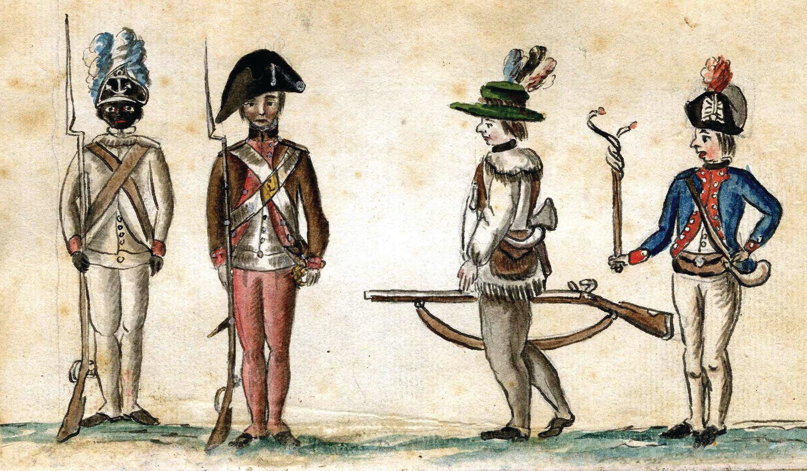 A French officer sketched various American soldiers at Yorktown, including, left to right, an African American soldier from Rhode Island, a Regular musketeer, a backwoods rifleman, and an artilleryman holding a burning match-cord used to ignite cannon charges. 