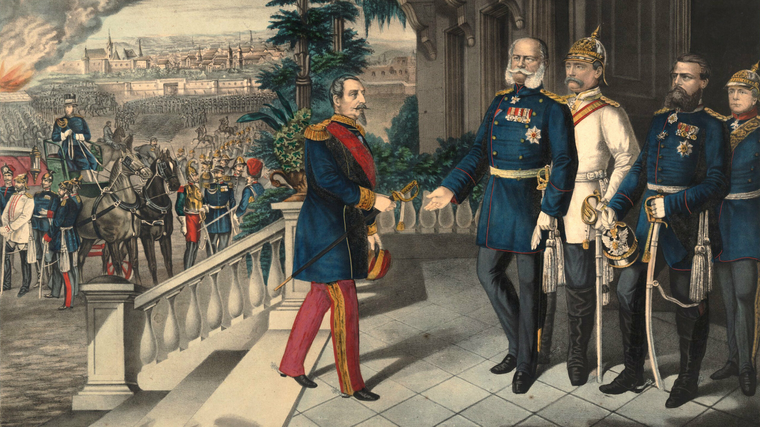 French Emperor Napoleon III, left, surrenders to Prussian King Wilhelm I after the Battle of Sedan in September 1870. Prussian chancellor Otto von Bismarck, in white, looks on.