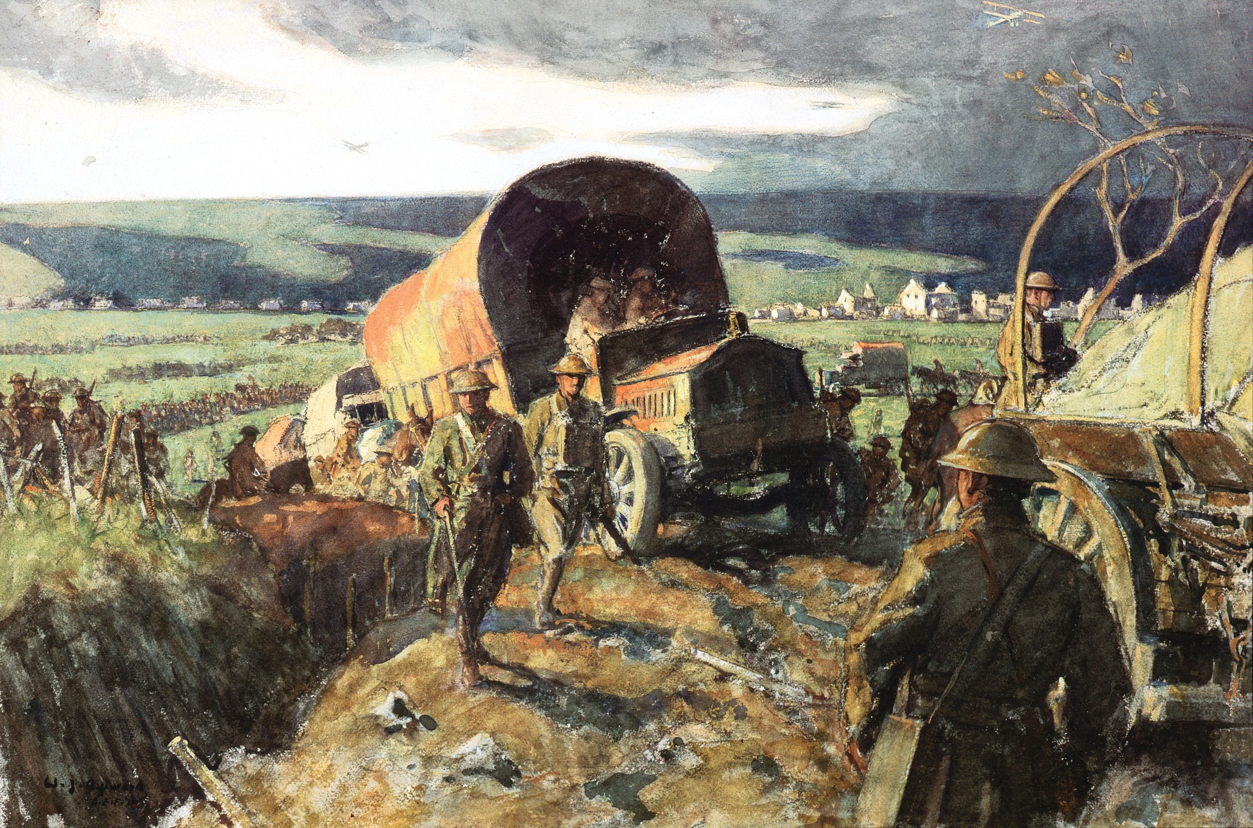 A seemingly endless procession of trucks brings American soldiers and supplies to the front at Chateau-Thierry in May 1918. Painting by William James Aylward.