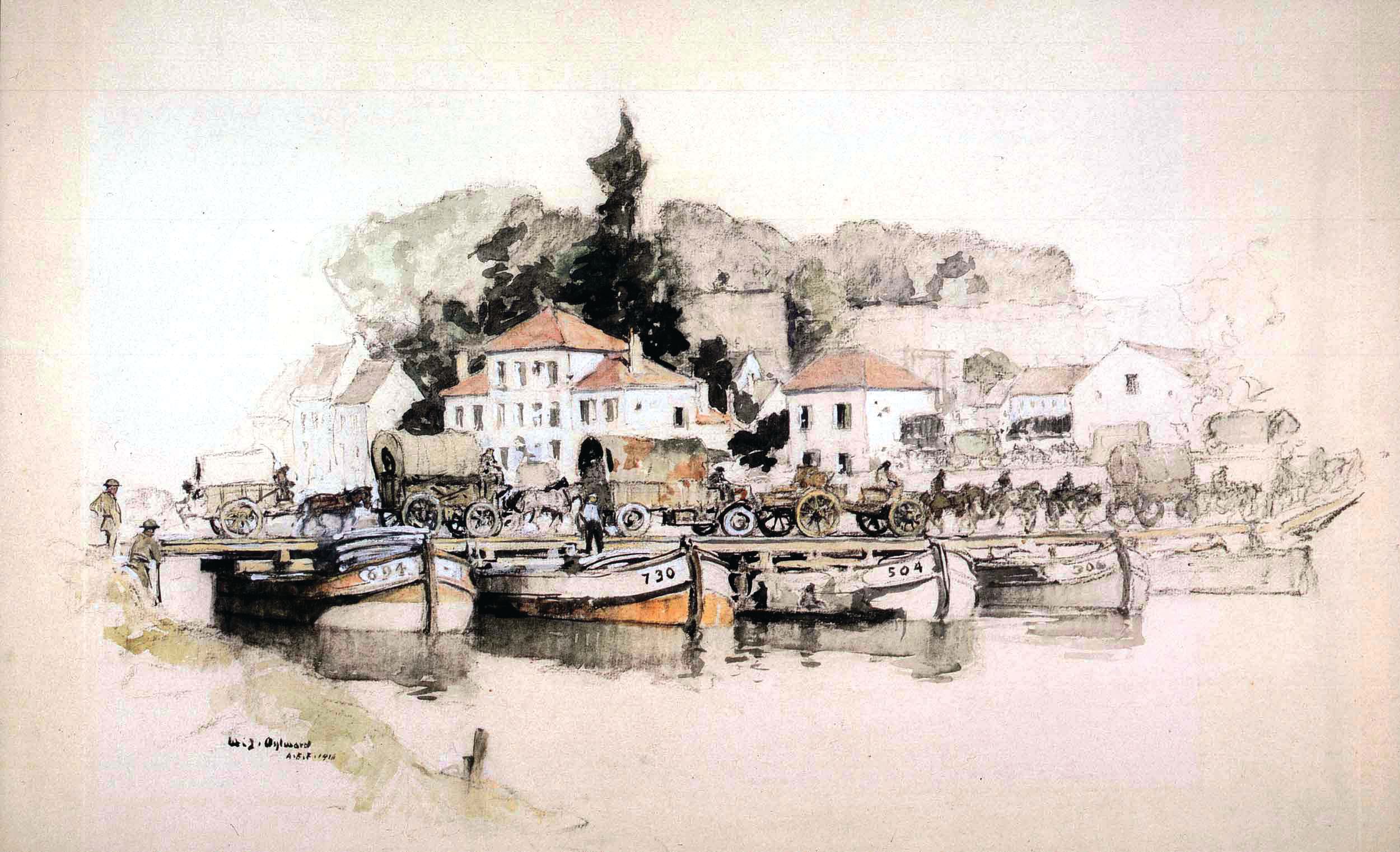 This post-battle painting of Chateau-Thierry by Aylward shows trucks and horse-drawn wagons crossing a pontoon bridge over the Marne.