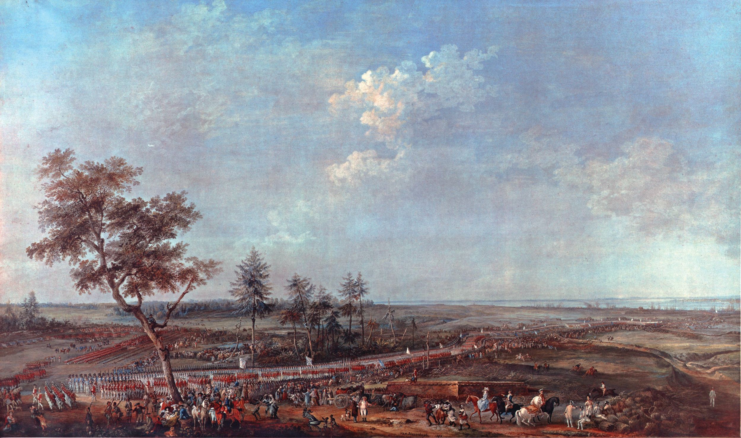 Painted four years after the siege and based on eyewitness accounts, a French artist depicts the defeated British Army marching out of Yorktown. American soldiers line the near side of the road, while French troops stand on the far side. Redcoats are grounding their arms in the field at the left while spectators gather in the foreground to watch. 