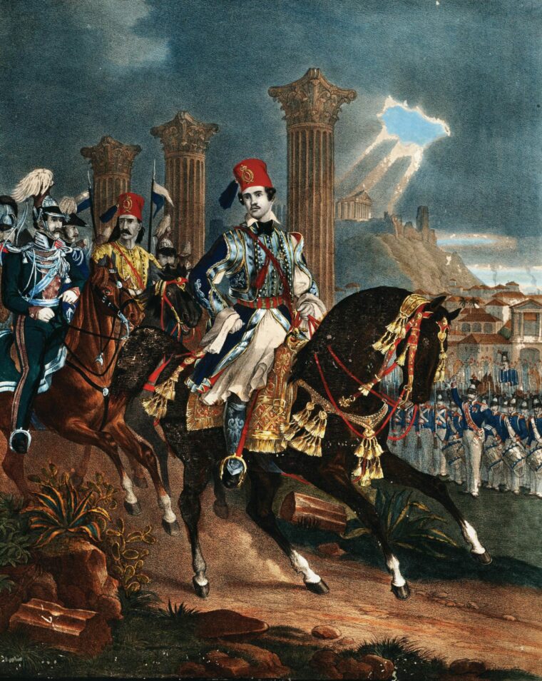 Fez-wearing King Otto I of Greece is seen with his military entourage, 1840.