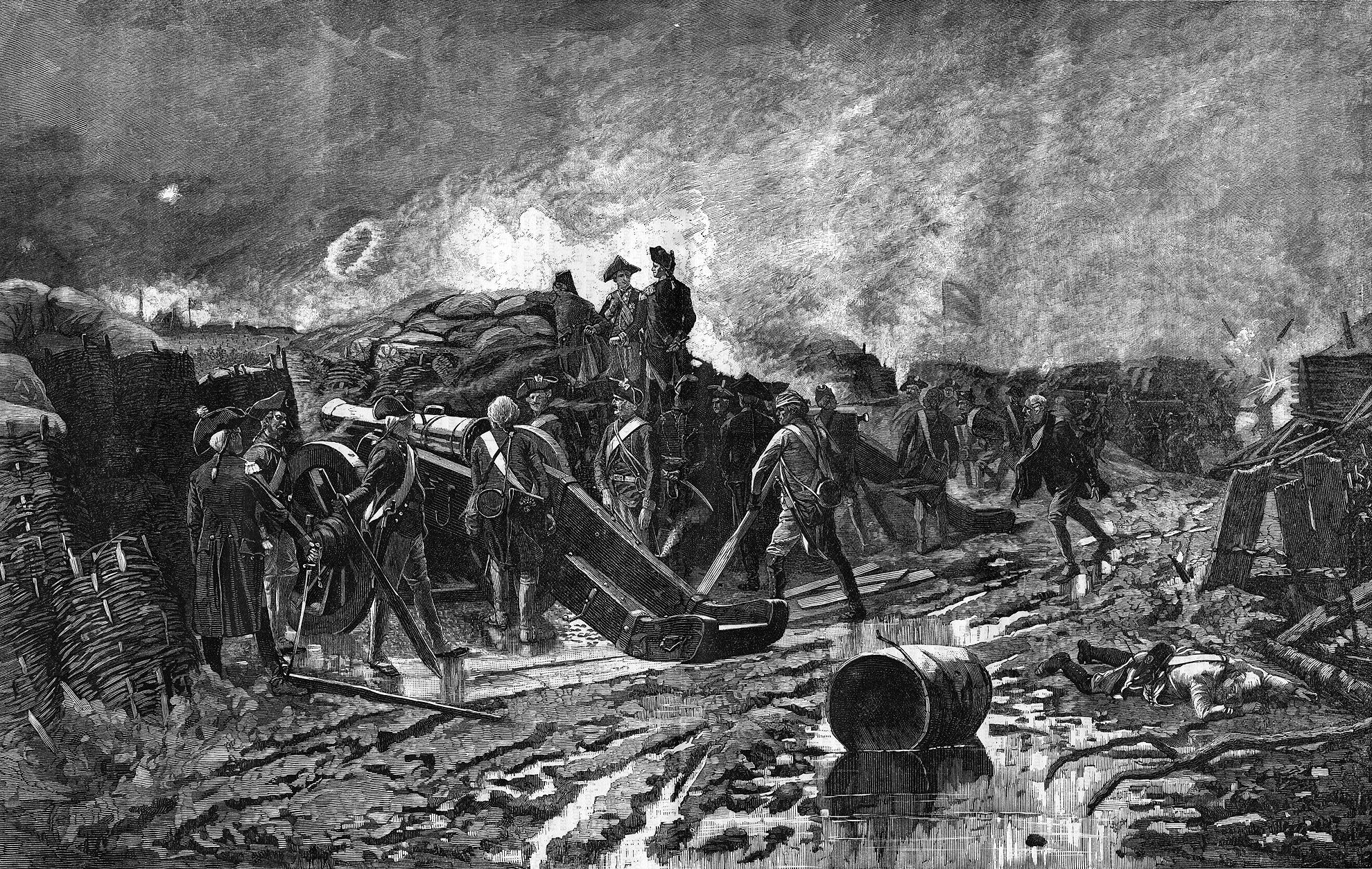 Washington watches the opening bombardment at Yorktown in this 19th-century engraving. The general himself fired the first shot.