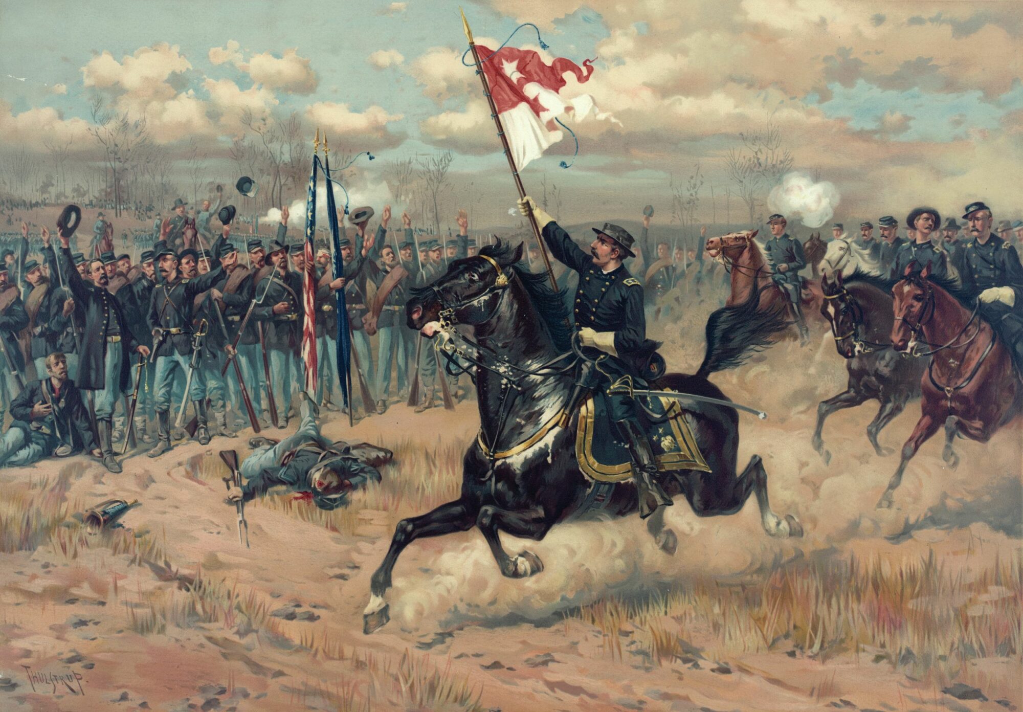 Flourishing his famous red-and-white headquarters flag, Union General Phil Sheridan rides along the front ranks after his dramatic return to the battlefield at Cedar Creek. Painting by Thure de Thulstrup.