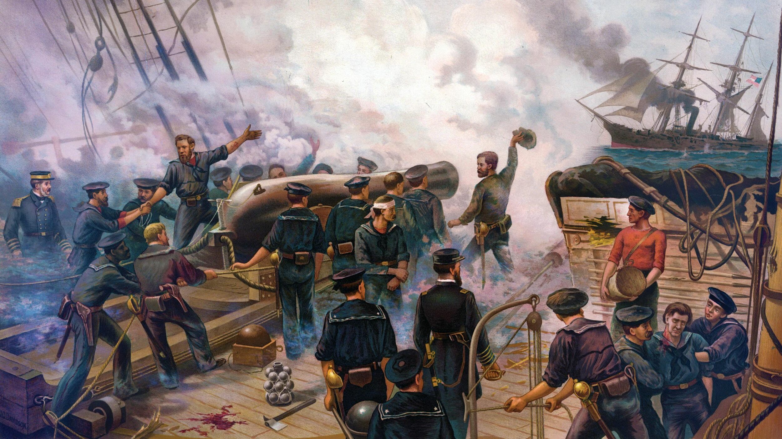 The crew of an 11-inch Dahlgren pivot gun aboard the USS Kearsarge cheers the surrender of the CSS Alabama on June 19, 1864, in J.O. Davidson's painting of the historic naval battle. Captain Raphael Semmes, the commander of the Confederate raider, struck his flag when his ship began sinking.