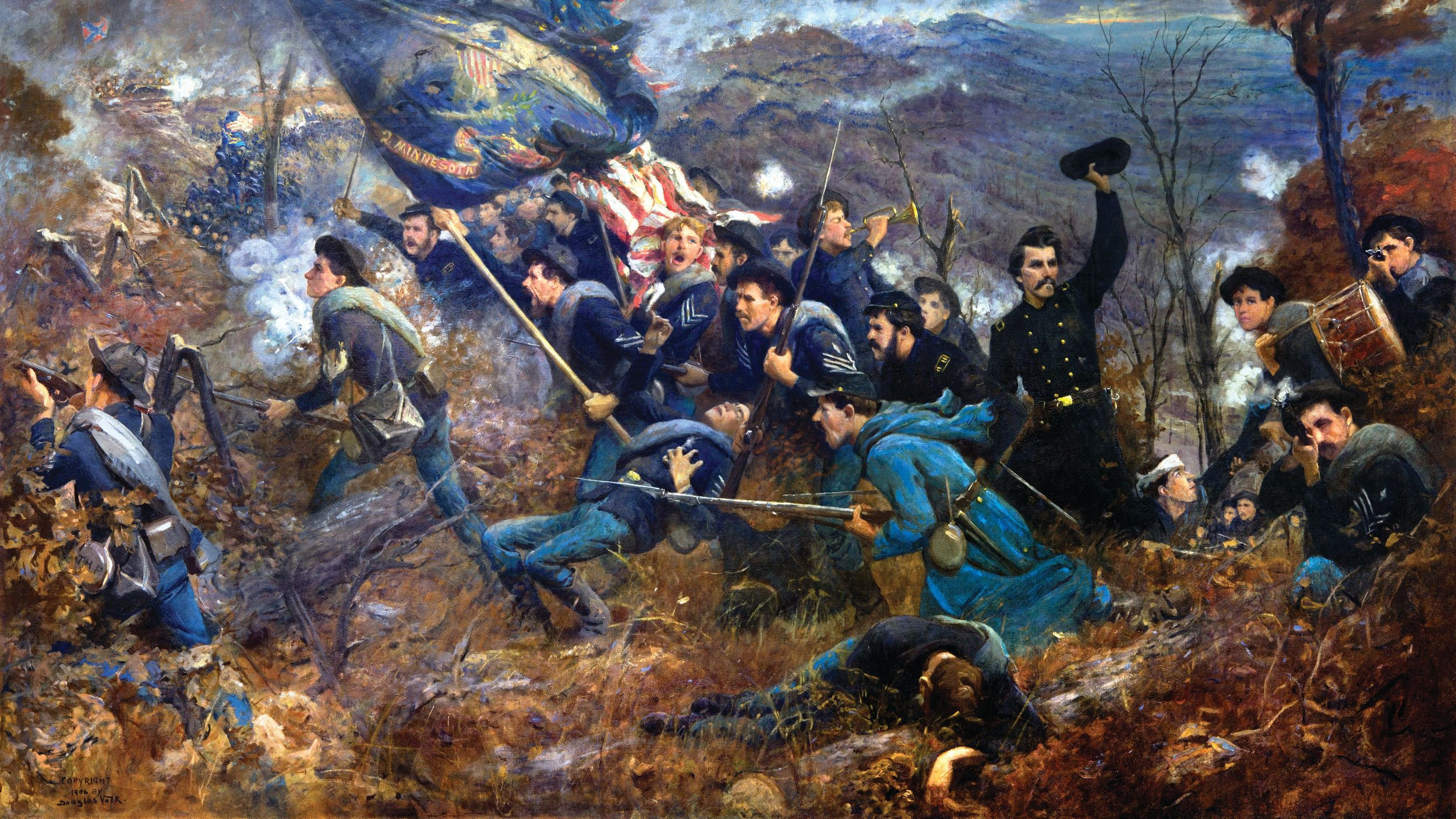 Lieutenant Colonel Judson Bishop leads the Second Minnesota Infantry in a daring charge up the slope of Missionary Ridge on November 25, 1863.