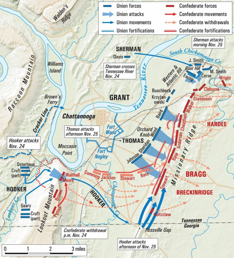 Major General Ulysses S. Grant arrived in Chattanooga on October 23 to direct operations against the Confederates on Lookout Mountain and Missionary Ridge. He began offensive operations the following month by assailing both Confederate flanks.
