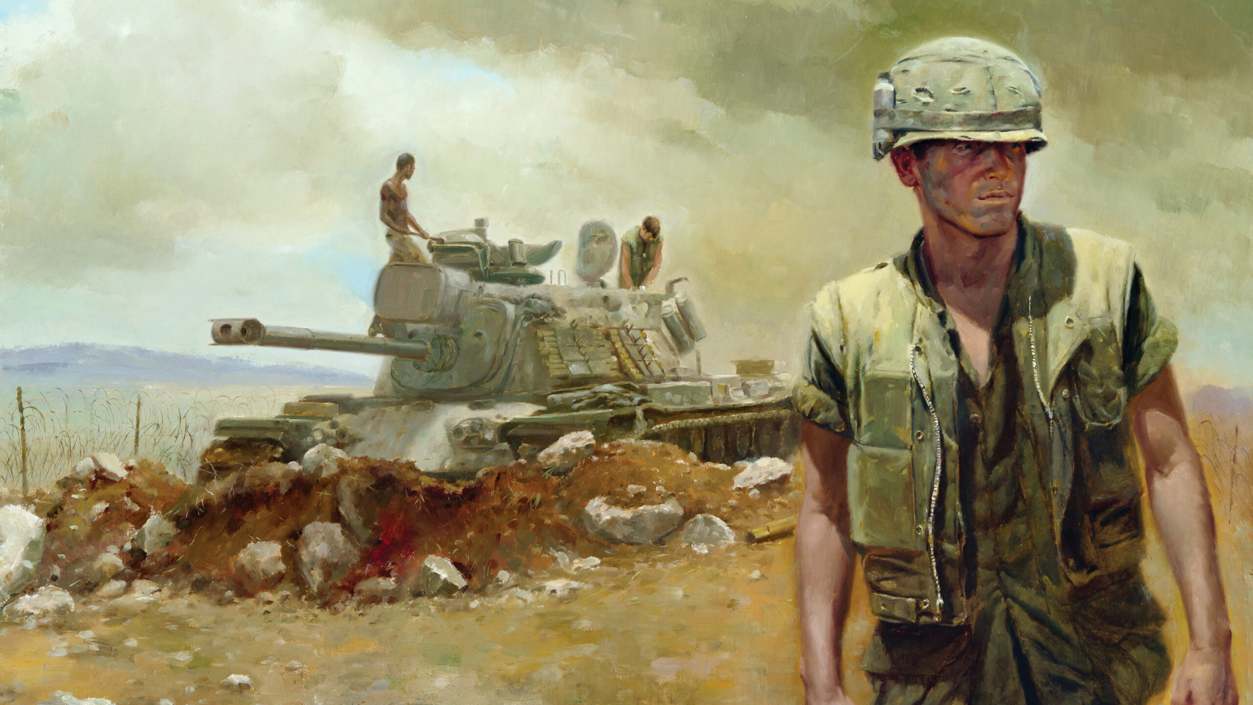 Marines maintain a M48A3 Patton tank parked in the rocky, red clay soil at Con Thien in a painting by Navy combat artist Verciell Tossey. The outpost was an anchor point in the defense of the northern border of South Vietnam.