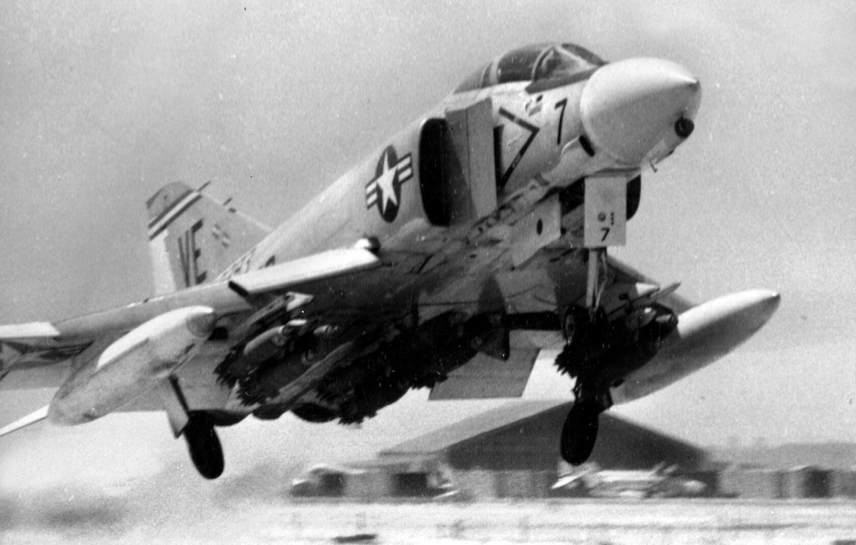 An F-4 Phantom takes off on a ground support mission in May 1967. When Marine reconnaissance patrols made contact with the enemy south of the DMZ, they relied heavily on organic tactical air support.