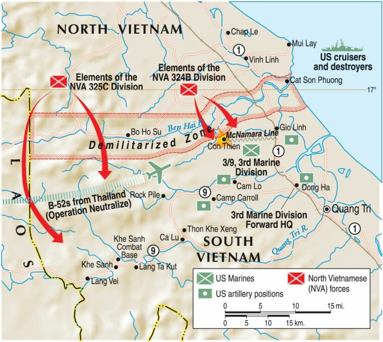 Hanoi deployed three army divisions totaling 24,000 troops along the DMZ in spring 1967 to engage the 3rd Marine Division in Quang Tri Province. 