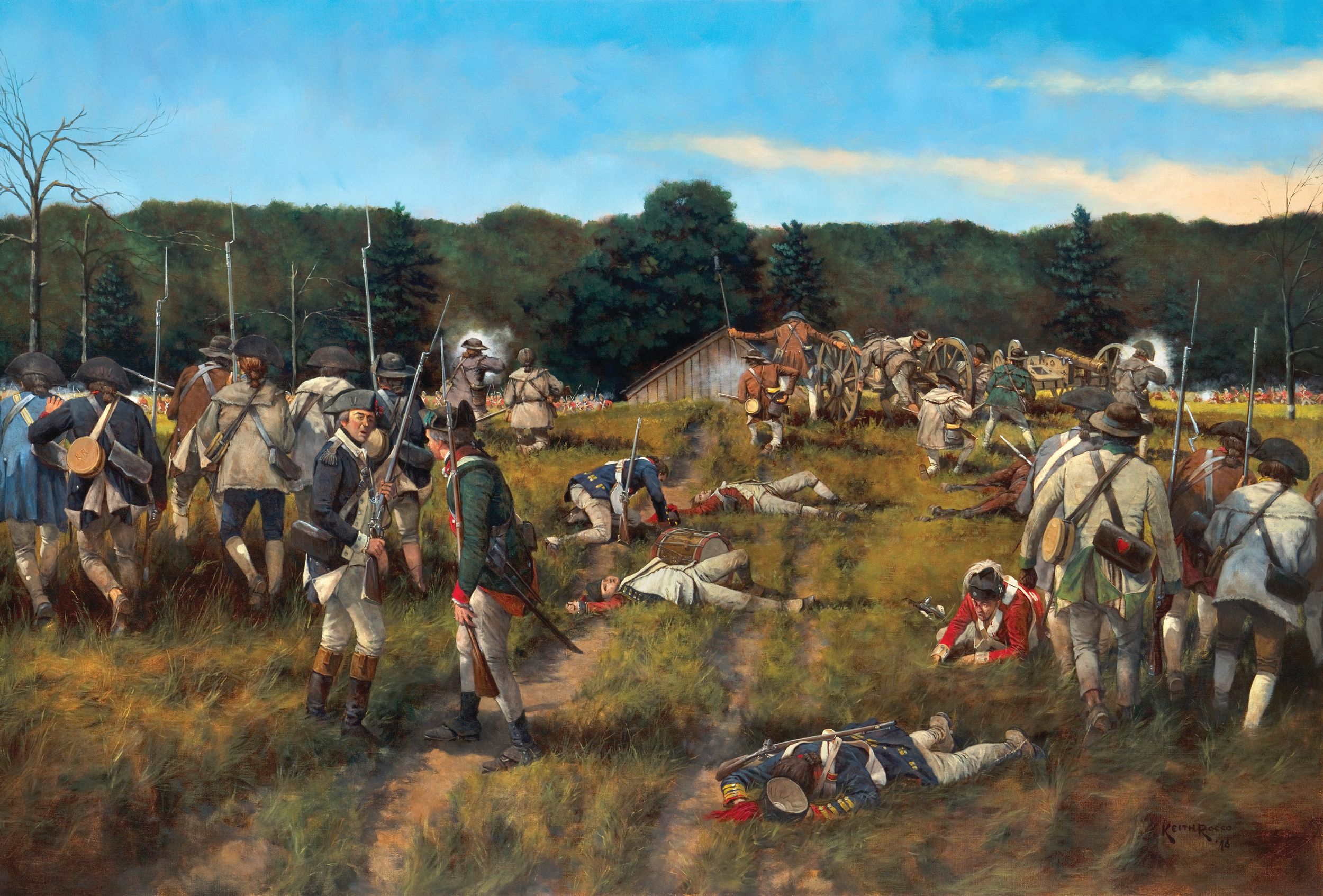 Major William Hull's Detachment of Massachusetts Continentals passes British casualties as it goes into action on Freeman's Farm. The American Continentals held their ground in several hours of heavy fighting that lasted until dusk.