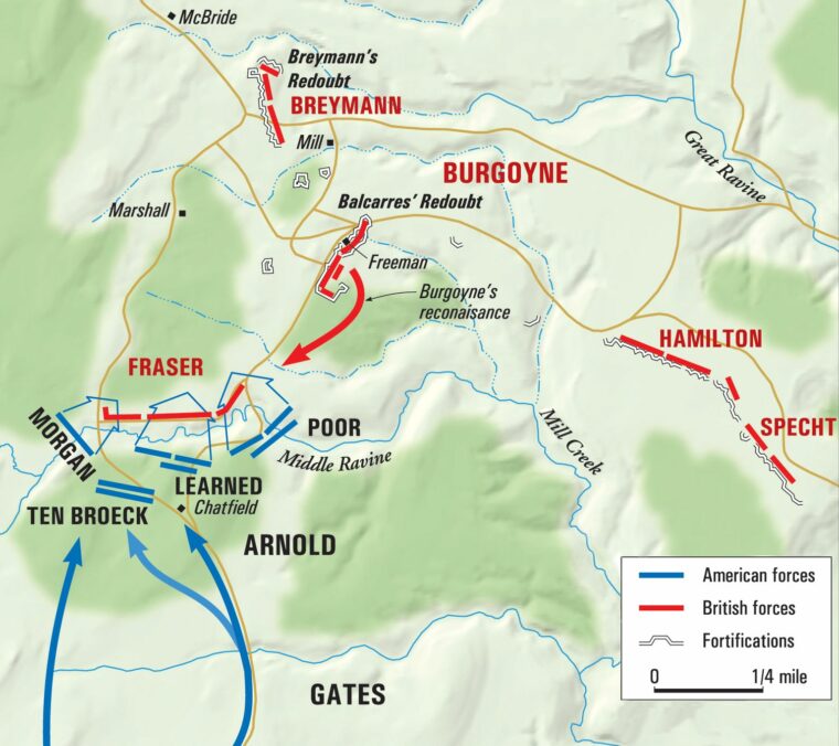 Burgoyne had hoped to seize a hill to the right of Bemis Heights on October 7, but the Americans assailed his center and flanks driving his army back to its redoubts.
