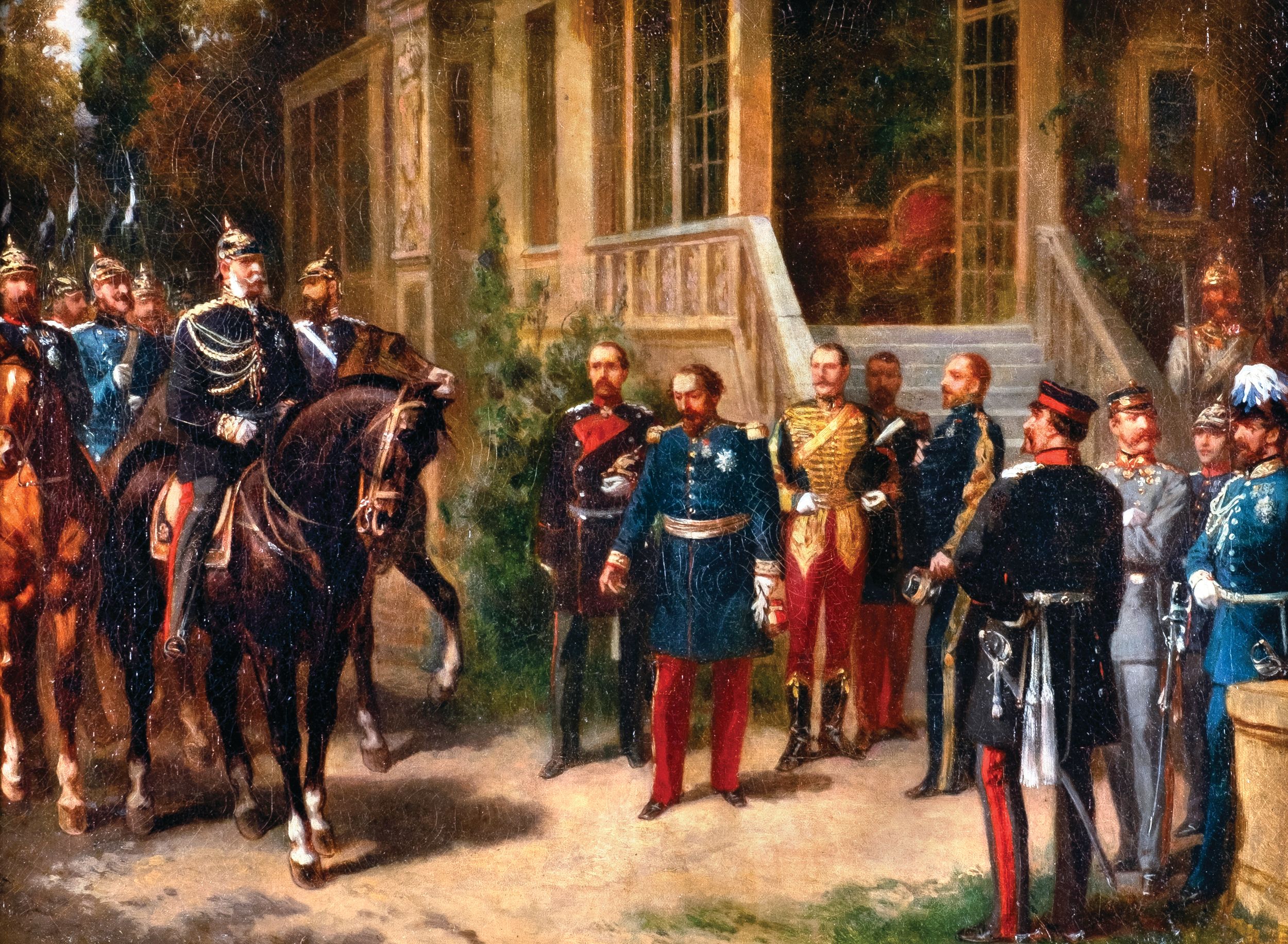 A dejected Emperor Napoleon III meets King William I and the Prussian high command after the battle. The Prussians took 100,000 French soldiers into captivity, but allowed the deposed emperor to go to England where he lived in exile.