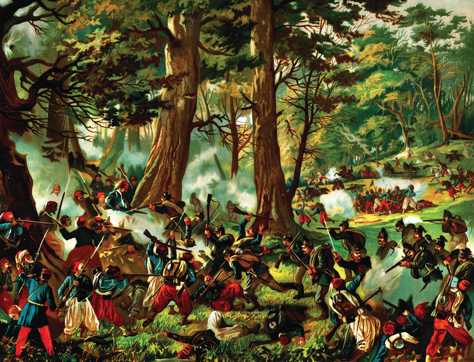 French Zouaves counterattack in the Bois de la Garenne north of the fortress, but are decimated by Prussian breech-loading artillery. Prussian gunners fired into the canopies of the trees so that shrapnel and splinters rained down on the French. 