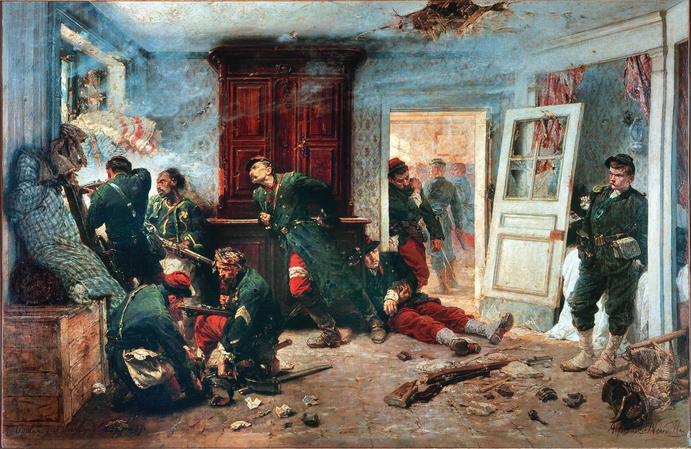 French marines holed up in the village of Bazeilles fire on Bavarian troops in a painting by Alphonse-Marie-Adolphe de Neuville titled “The Last Cartridges.” 