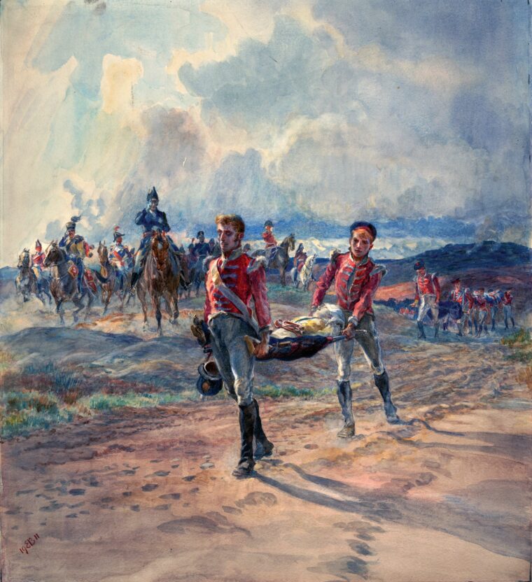 Wellesley salutes soldiers of the 43rd Regiment as they collect their fallen comrades in the aftermath of the battle in south-central Spain. 