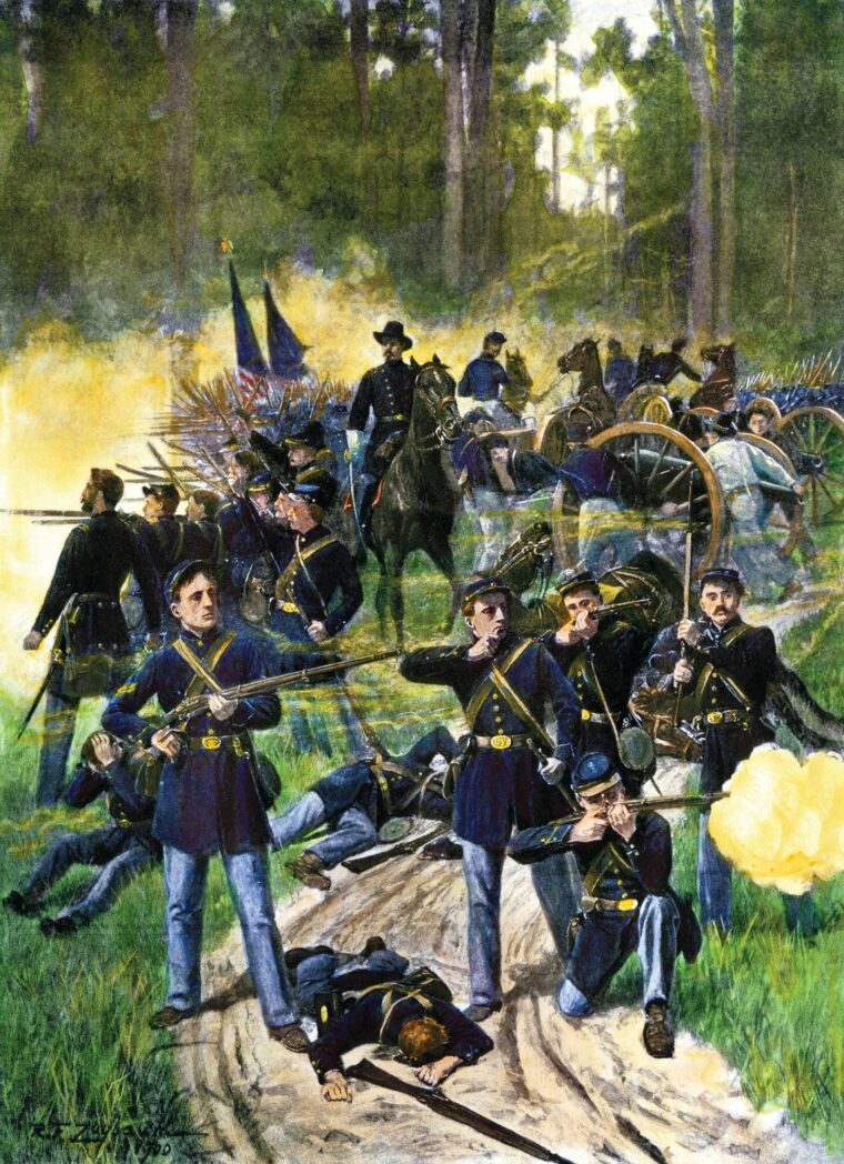 Union soldiers hold the line in the woods behind Boatswain’s Creek at Gaines' Mill. When the Confederates punched through the Union line, Butterfield seized the colors of the 83rd Pennsylvania and waved them aloft to rally his troops.