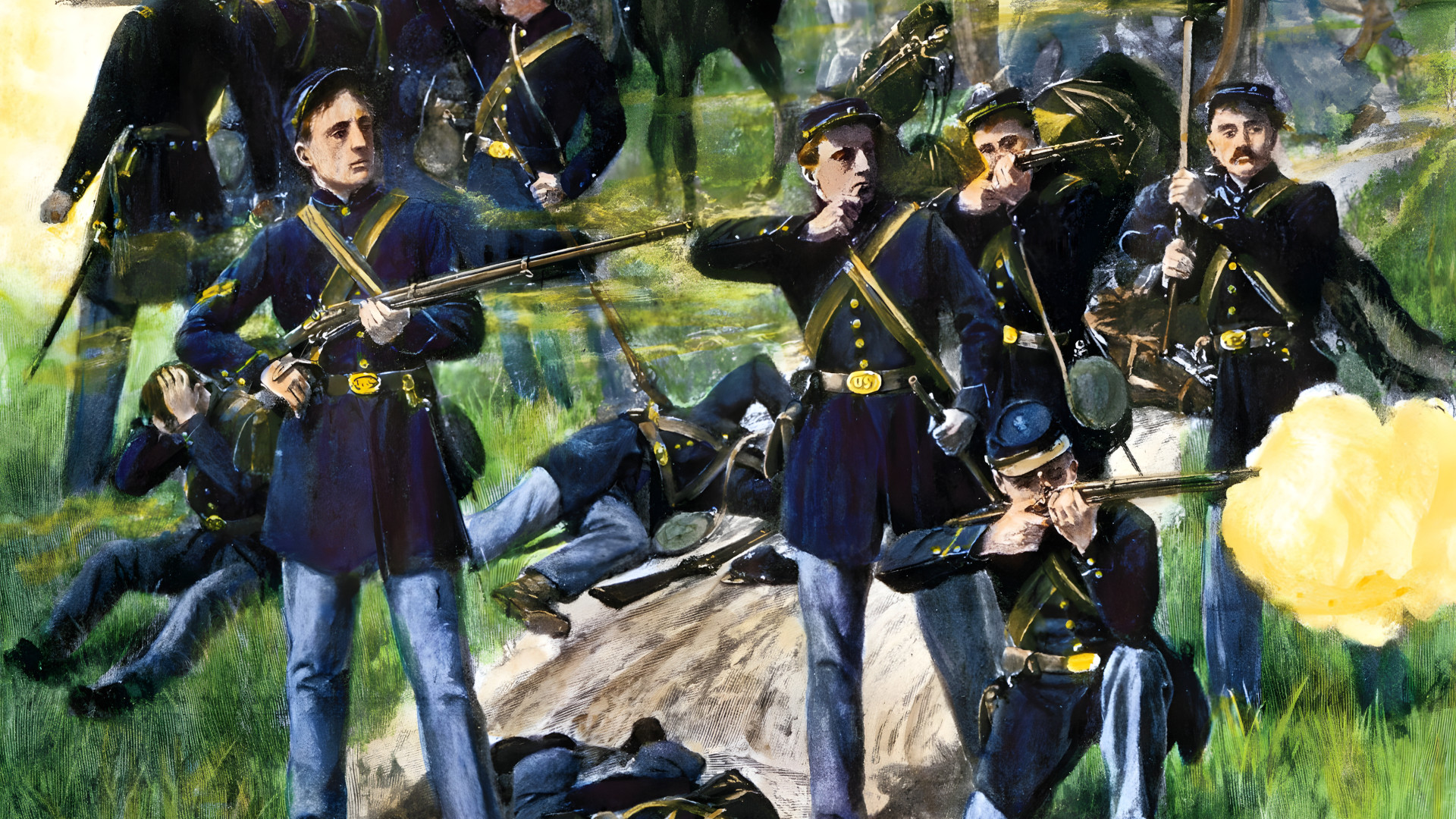 Union soldiers hold the line in the woods behind Boatswain’s Creek at Gaines' Mill. When the Confederates punched through the Union line, Butterfield seized the colors of the 83rd Pennsylvania and waved them aloft to rally his troops.