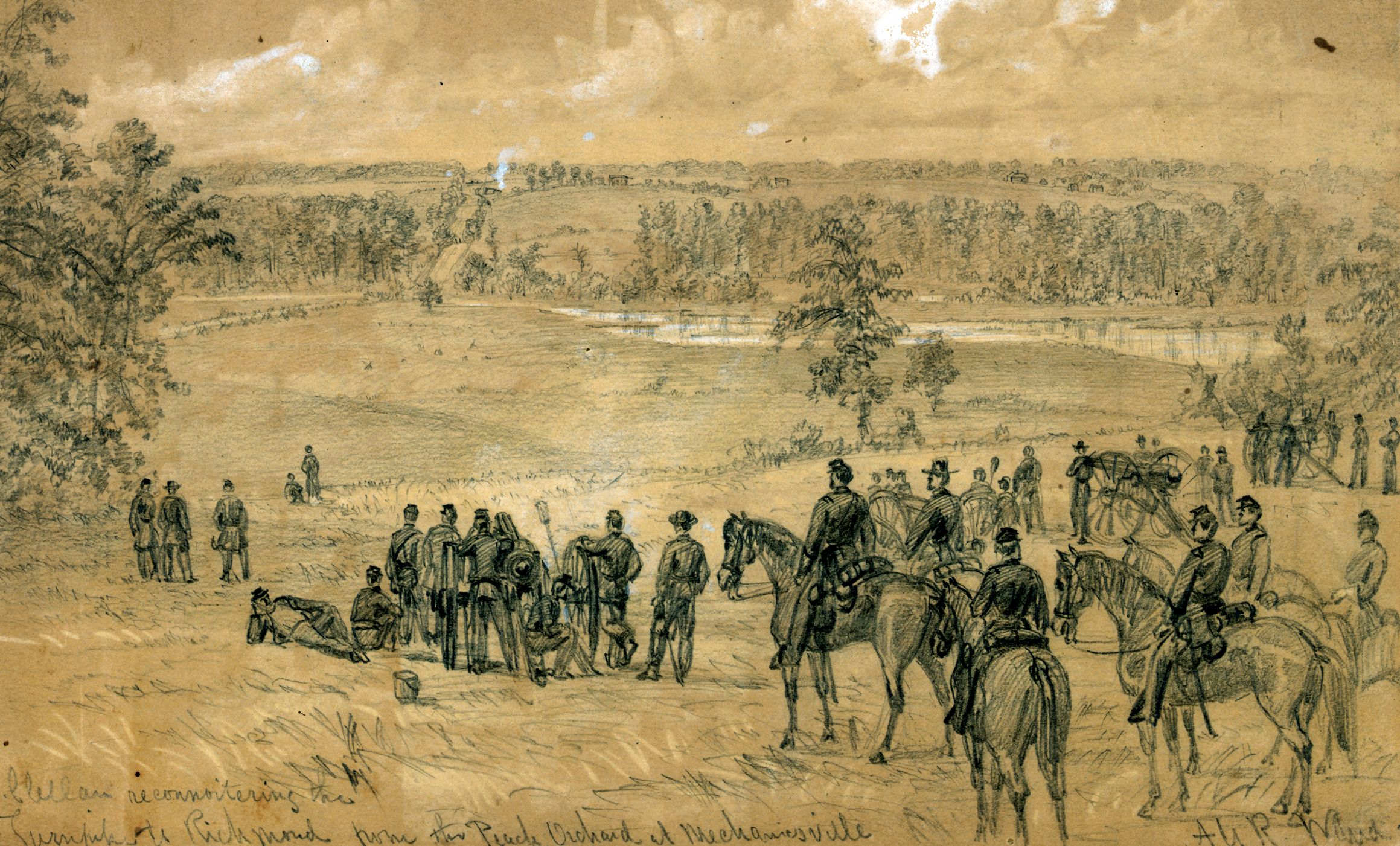 Maj. Gen. George B. McClellan scouts the road to Richmond north of Chickahominy Creek. Once McClellan surrendered the initiative in the Peninsula Campaign to Confederate General Robert E. Lee, it fell to Union generals such as Butterfield to save the Army of Potomac from destruction.