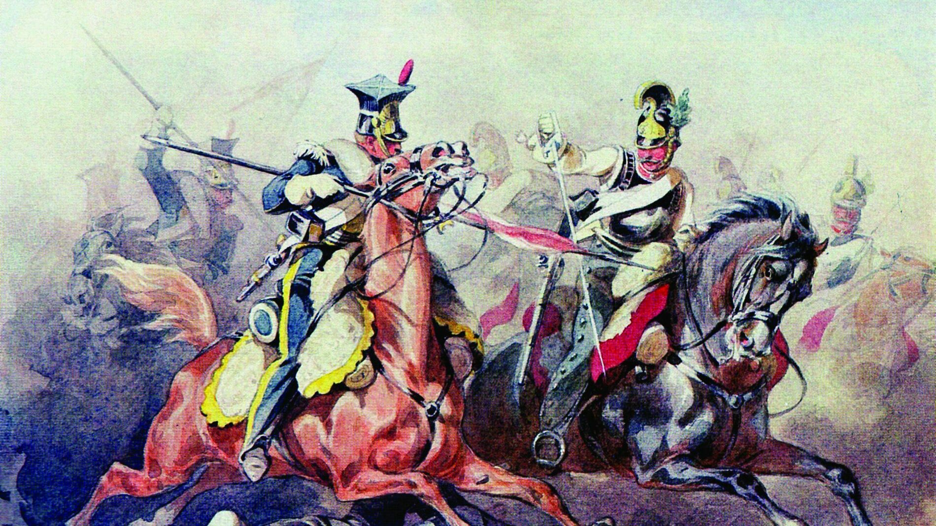 A Polish Vistula lancer wearing the familiar four-sided lancer cap, or shako, crosses blades with an Austrian cuirassier during the Napoleonic Wars.